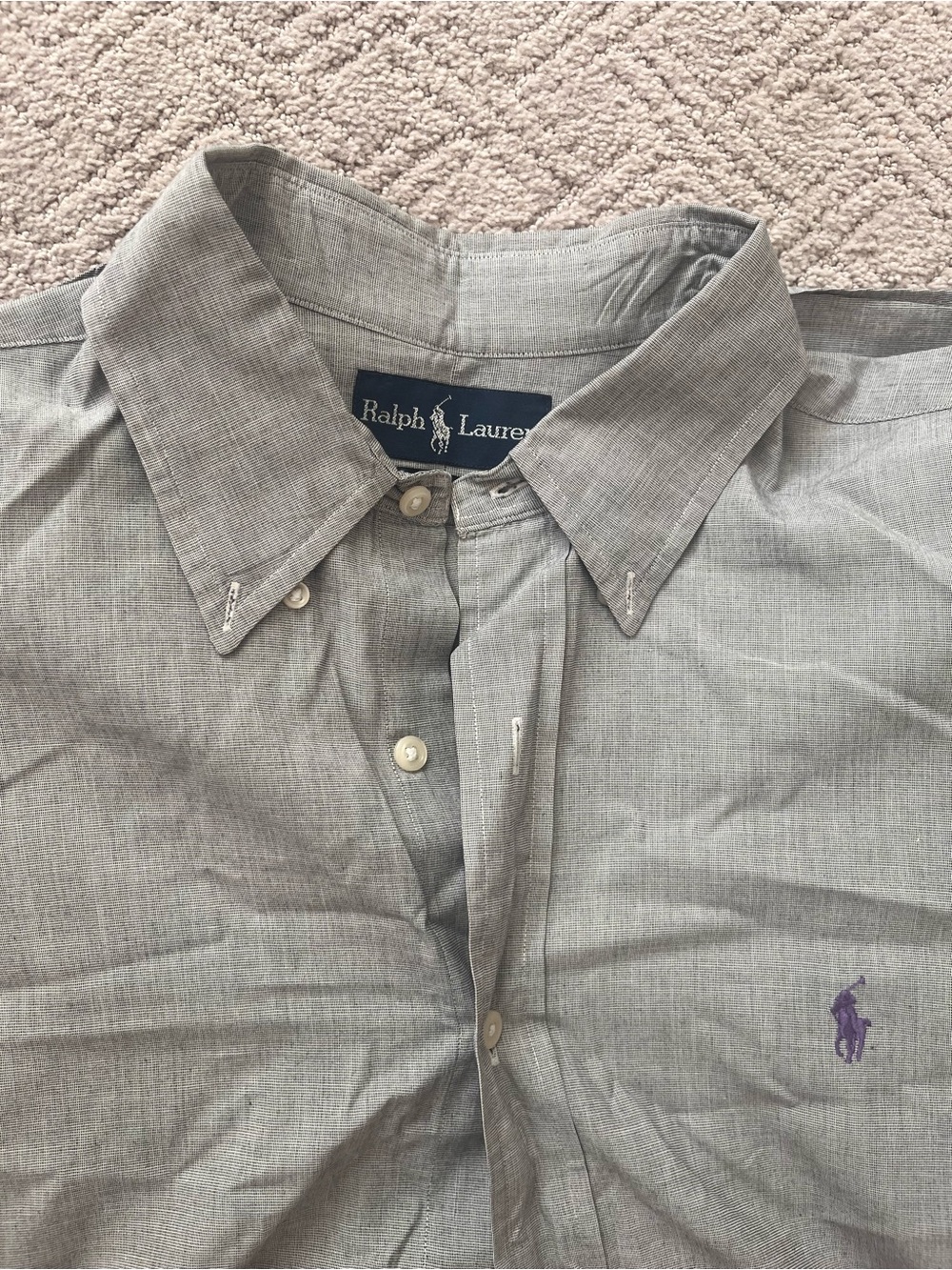 Ralph Lauren Men's Light Gray Button-Down Shirt with Purple Pony